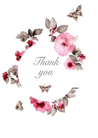 Vintage Card, Watercolor wedding invitation design with pink rosesの写真素材