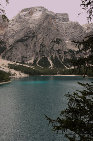 Emerald green lake in the Dolomitesの写真素材