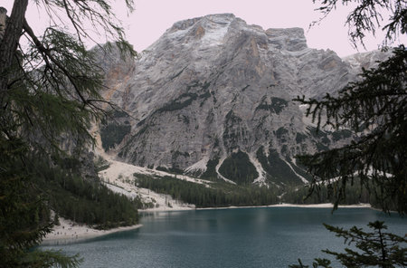 Emerald green lake in the Dolomites