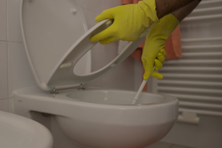 Toilet cleaning with yellow latex gloves and brushの写真素材
