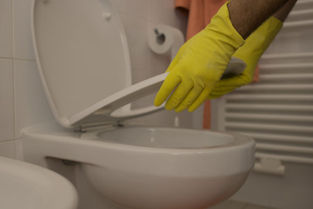 Two hands opening the toilet lid with yellow latex gloves for regular cleaningの写真素材