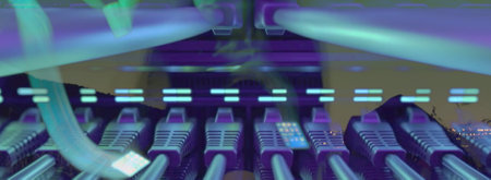 3d rendering of a network server room with blue and purple lights