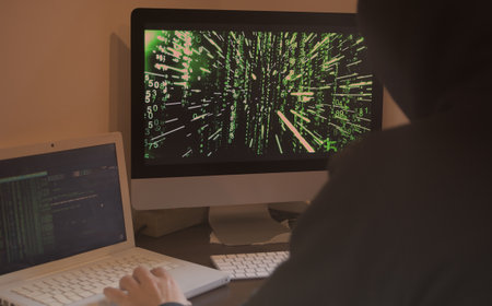 Hacker using computer in dark room with binary code on the screenの写真素材
