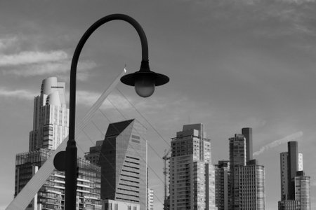 Modern street lamp and modern skyscrapers. Black and white.の写真素材