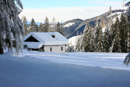 Winter landscape with snow covered house in the Austrian alps, Austriaの写真素材