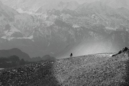 Hiker in the Himalaya mountains, Nepal. Black and white.の写真素材