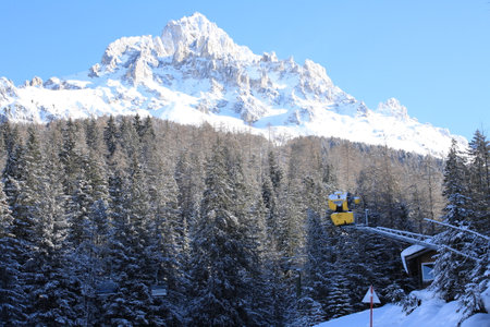 Cable car in the Dolomites in winter, Italy.の写真素材