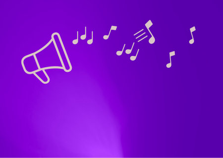 Illustration of a purple background with music notes and a megaphoneの写真素材