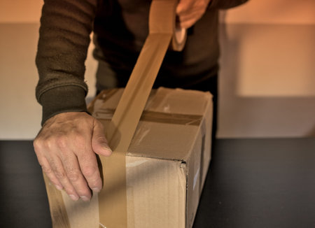 Close-up of a delivery man unloading a parcel from a cardboard boxの写真素材