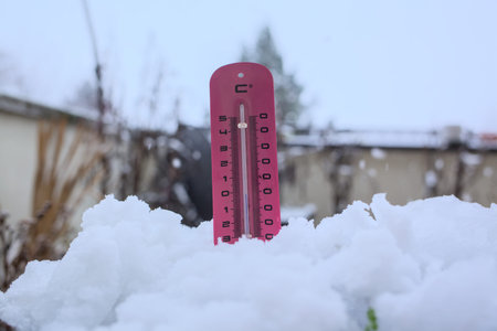 Thermometer in the snow on a background of a winter landscape