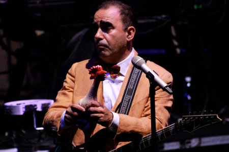 The band Elio e le Storie Tese, featuring singer Stefano Belisari, during rehearsals for a concert on their latest tour, Italyのeditorial素材