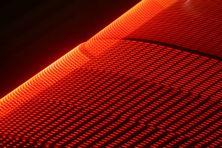 abstract red background with glowing lines and dots. 3d rendering