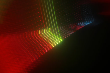 abstract background with glowing particles in red, blue and green colors