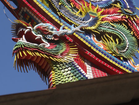The roofs of Taiwanese temples are often decorated with symbols that represent good luck, prayers, or protection from evil.の写真素材