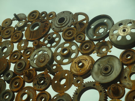 Group of old rusty gears and cogwheels, closeup of photoの写真素材