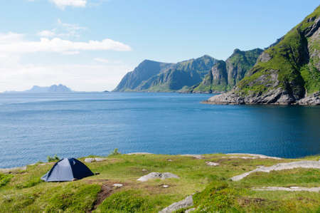 Camping on the coast of Moskenes, in the Lofoten Islands, Norway, Europeの写真素材