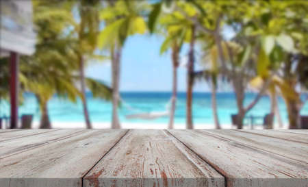 Wooden desk on natural backgroundの写真素材