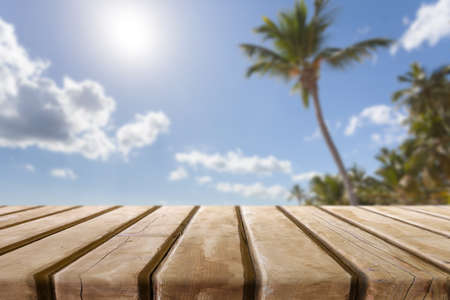 Wooden desk on natural backgroundの写真素材
