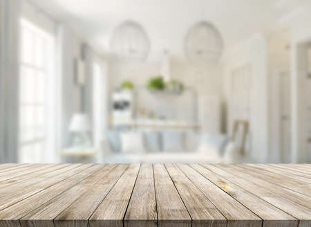 Wooden desk on blur or abstract natural backgroundの写真素材