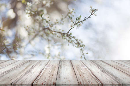 Wooden desk on blur or abstract natural backgroundの写真素材