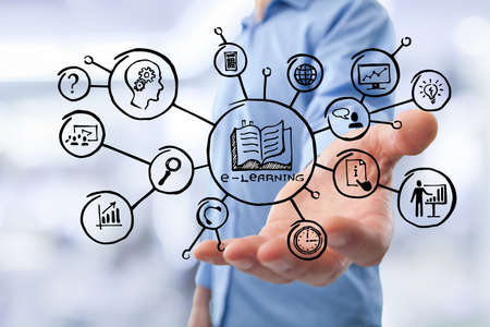 Business hand holds education or social illustrationの写真素材