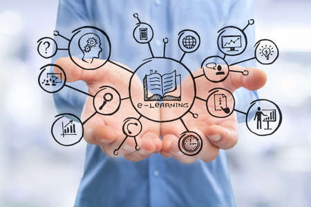 Business hand holds education or social illustrationの写真素材