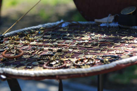Market counter with various beautiful home-made utensilsの写真素材