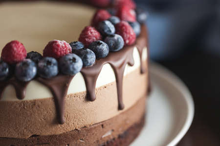 Fresh beautiful chocolate cake with fruit and berry on white plateの写真素材