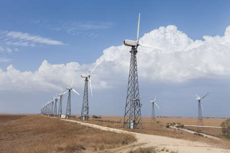 Electricity wind power generators in the field against the skyの写真素材