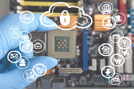 Motherboard blurred background with hand and tehnology illustrationの写真素材