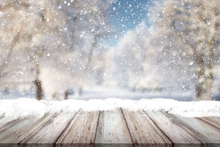 Wooden desk on bokeh blur abstract natural backgroundの写真素材