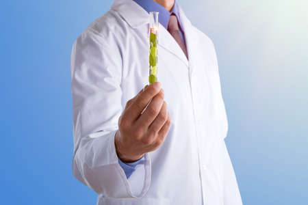 Young doctor with a stethoscope shows tube with blood or plant on pastel gradien background