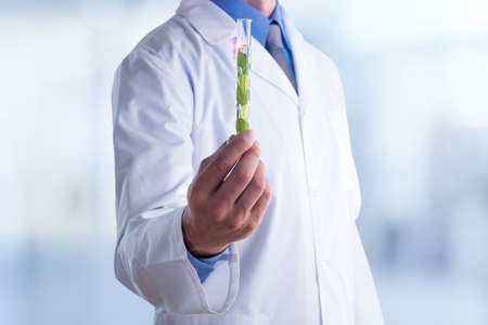 Young doctor with a stethoscope shows tube with blood or plant on pastel gradien backgroundの写真素材