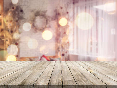 Wooden desk on blur or abstract backgroundの写真素材