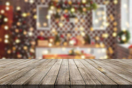 Wooden desk on blur or abstract backgroundの写真素材