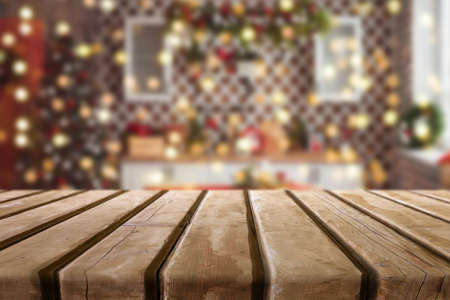 Wooden desk on blur or abstract backgroundの写真素材