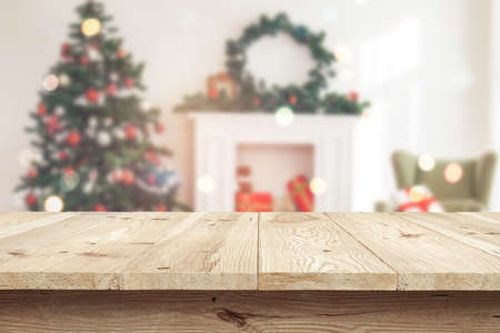 Wooden desk on blur or abstract backgroundの写真素材