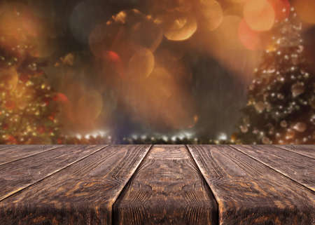 Wooden desk on blur or abstract backgroundの写真素材