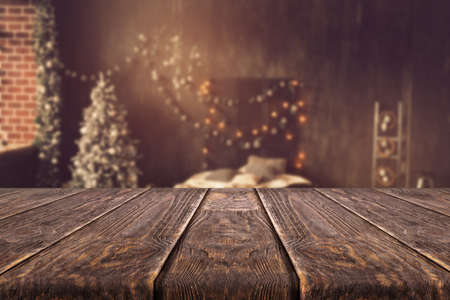 Wooden desk on blur or abstract backgroundの写真素材