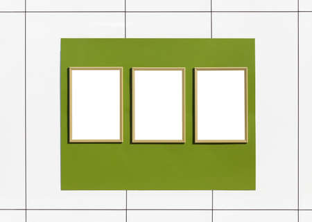 Three white frame photo on pastel green and white background, frame concept