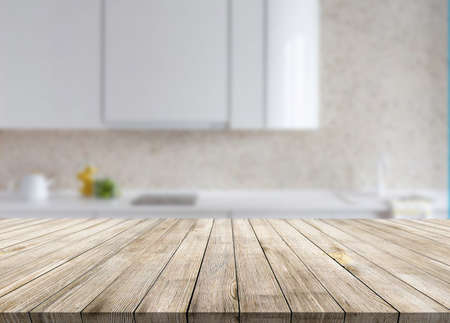Wooden desk with blur bokeh interior backgroundの写真素材
