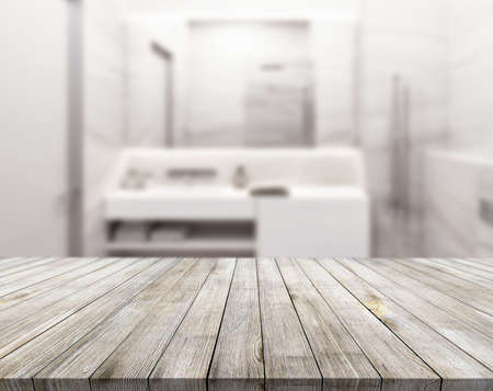 Wooden textured desk with blur interior. Concept table and fonの写真素材