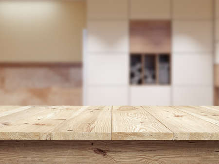 Wooden textured desk with blur interior. Concept table and fonの写真素材
