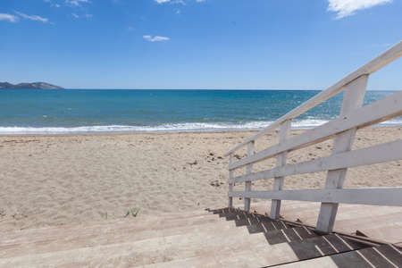 Sea pier natural beach background. Concept table and fonの写真素材