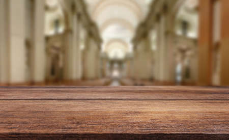 Wooden beautiful table on blurred bokeh background. background conceptの写真素材
