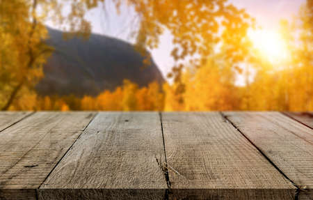Wooden desk on autumn blur natural background