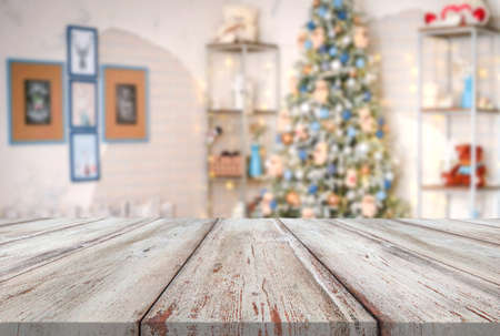 Wooden tablet on christmas background, new year conceptの写真素材