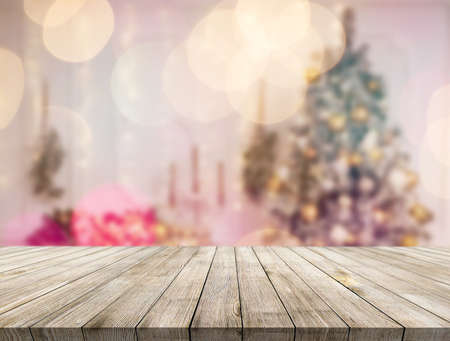 Wooden tablet on christmas background, new year conceptの写真素材