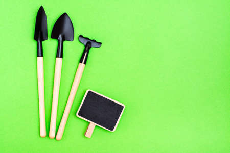 Home gardening. Miniature garden tools: a scoop, a rake and a board for an inscription on a green cardboard. Top view.の写真素材