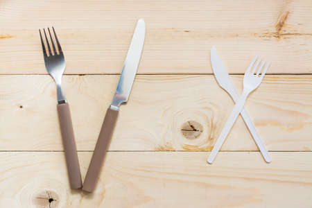 The concept of the benefits of reusable cutlery over disposable plastic. Zero Waste Conceptの写真素材